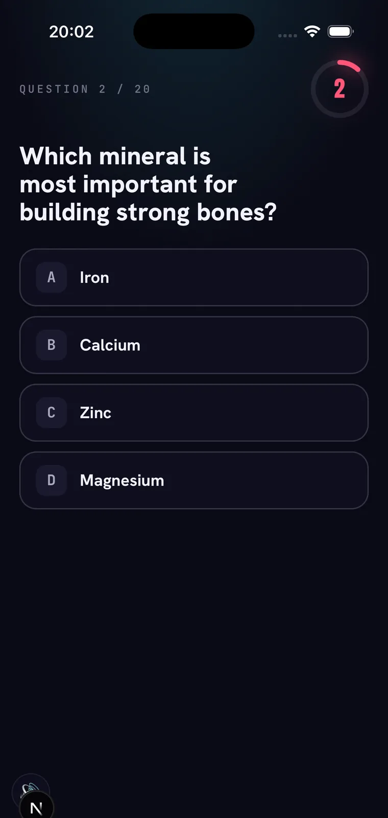 A live trivia question with four answers and a timer