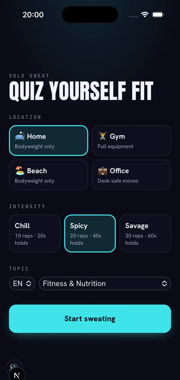 Solo Sweat setup screen