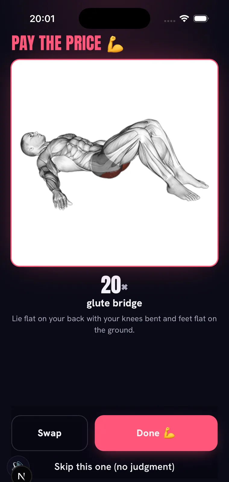 A Brain or Burpees forfeit screen — 20 squats with an exercise demo