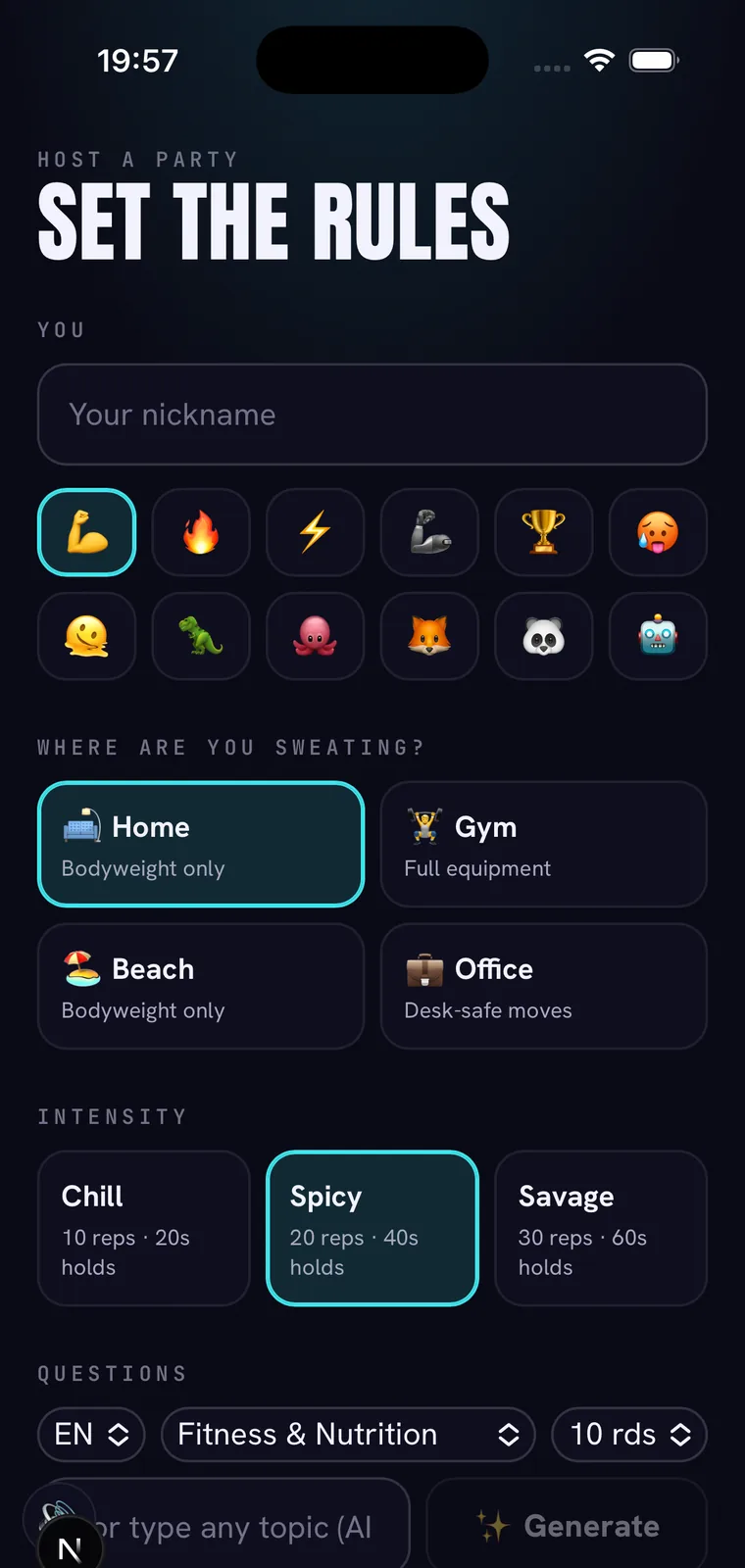 The host setup screen — pick a topic, space, and intensity, then share a 4-letter code